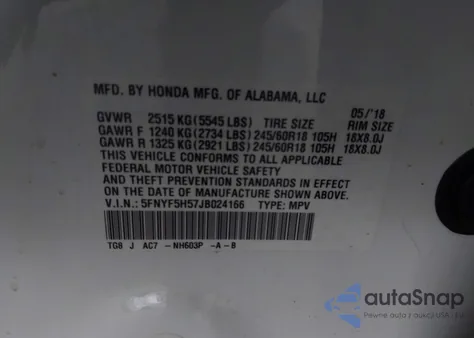 2018 Honda Pilot Ex-L z USA, uszkodzony, nr VIN 5FNYF5H57JB024166